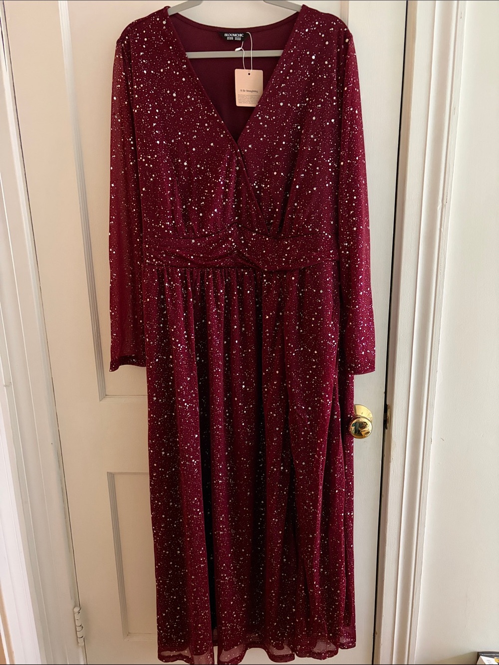 BloomChic Sparkle Wine Red V-Neck Dress